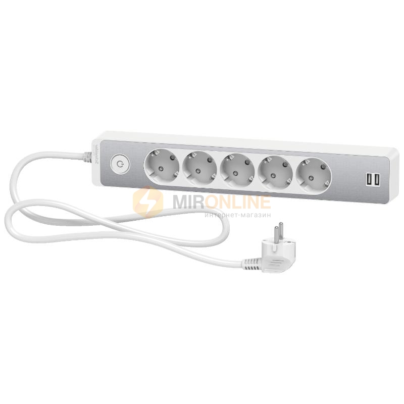 Подовжувач пятимісний з 2 USB Unica Extend з заземленням та шнуром 1,5м. Білий/Алюміній (ST945U1WA) купити