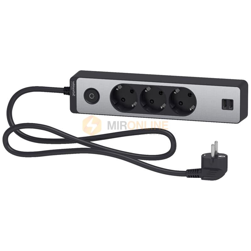 Подовжувач тримісній з 2 USB Unica Extend з заземленням та шнуром 3м. Чорний/Алюміній (ST943U1BA) купити
