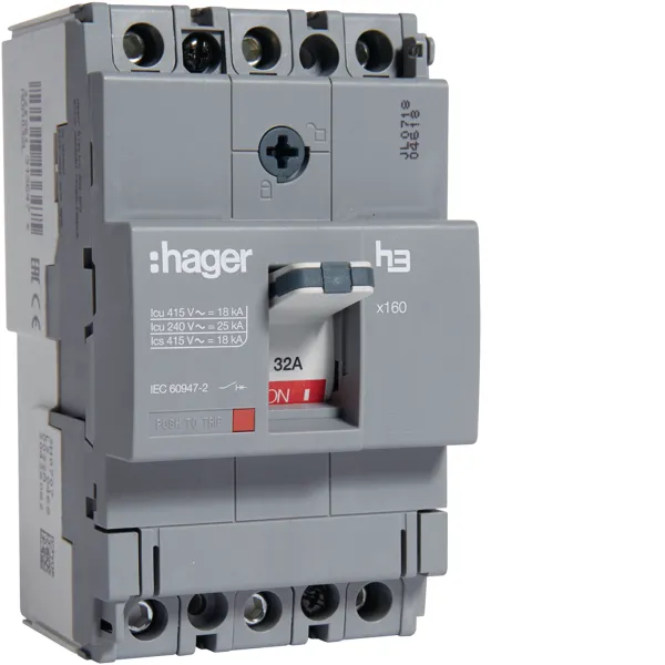 Автоматичний вимикач x160, In=32А, 3п, 18kA, Тфікс/Мфікс HDA032L Hager