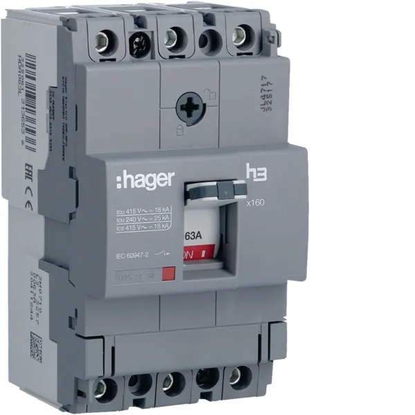 Автоматичний вимикач x160, In=63А, 3п, 18kA, Тфікс/Мфікс HDA063L Hager