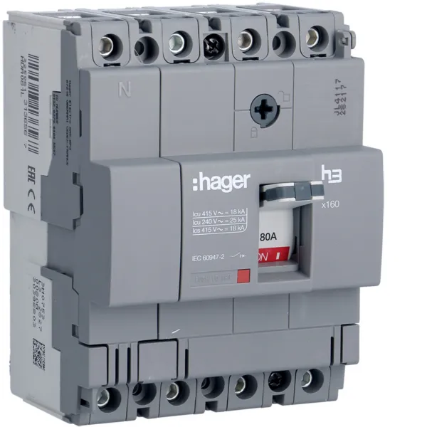 Автоматичний вимикач x160, In=80А, 4п, 18kA, Тфікс/Мфікс HDA081L Hager