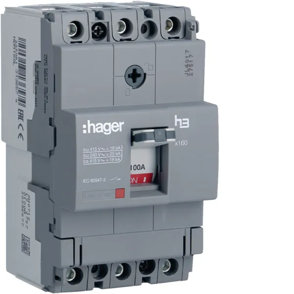 Автоматичний вимикач x160, In=100А, 3п, 18kA, Тфікс/Мфікс HDA100L Hager
