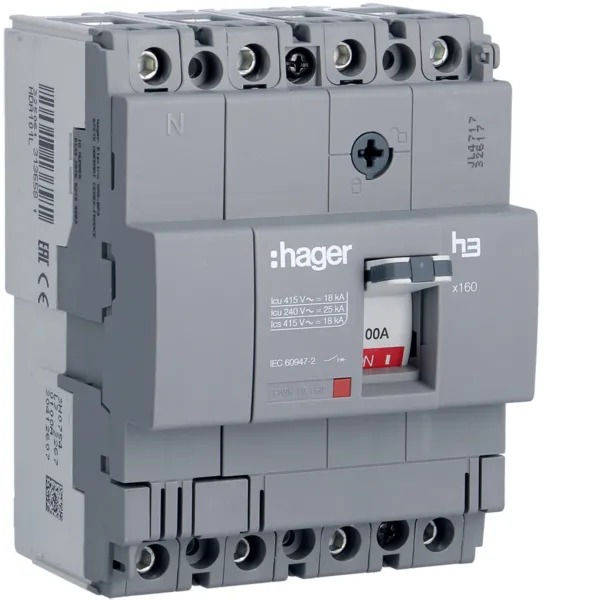 Автоматичний вимикач x160, In=100А, 4п, 18kA, Тфікс/Мфікс HDA101L Hager
