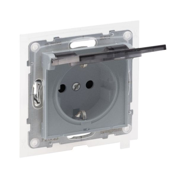 Розетка IP44 із з/к та кришкою і захист. шторками (пруж.клеми) 16А/250V Legrand SUNO 721323 алюміній