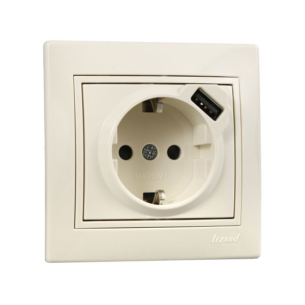 Розетка з заземленням + USB  Lezard Mira, крем (701-0303-181)