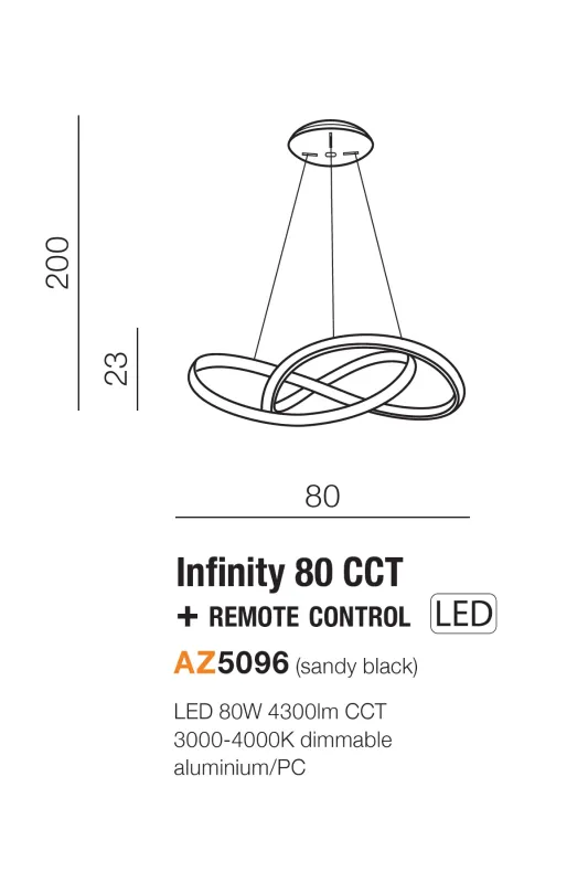 Підвісний світильник Azzardo AZ5096 Infinity 80 CCT BK + Remote Control, 80 Вт, 4300 лм, 3000K-4000K