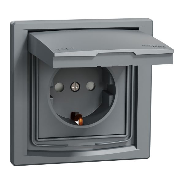 Розетка із заземленням і з шторками IP44 «Asfora», (колір сталь) EPH3100362