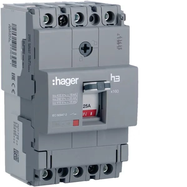 Автоматичний вимикач x160, In=25А, 3п, 18kA, Тфікс/Мфікс HDA025L Hager