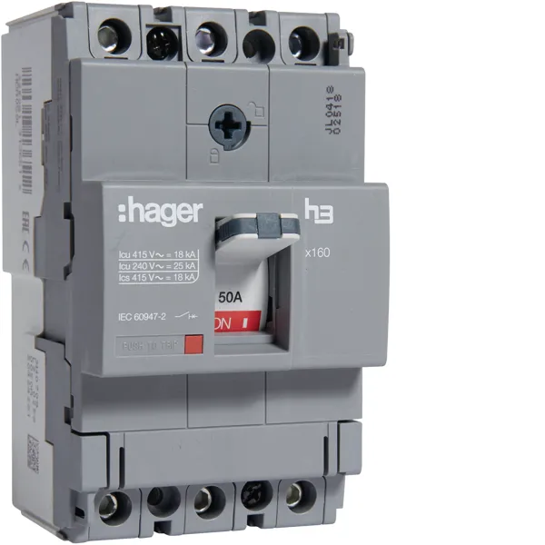 Автоматичний вимикач x160, In=50А, 3п, 18kA, Тфікс/Мфікс HDA050L Hager