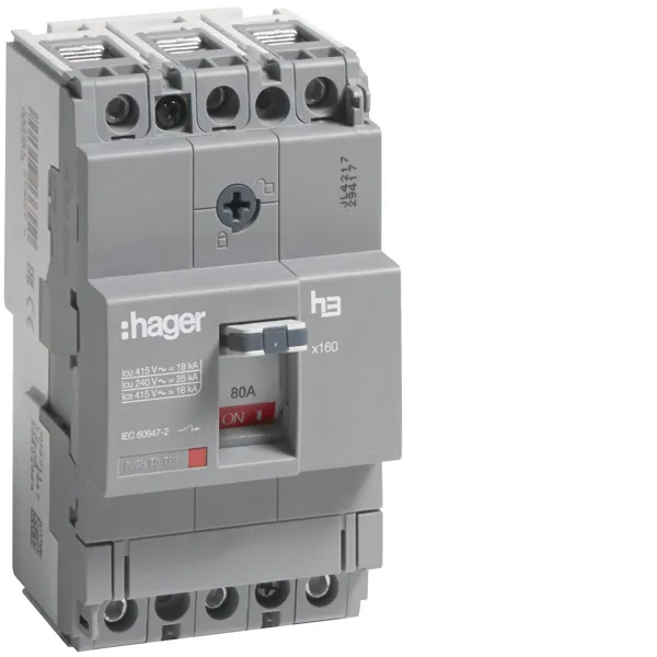 Автоматичний вимикач x160, In=80А, 3п, 18kA, Тфікс/Мфікс HDA080L Hager