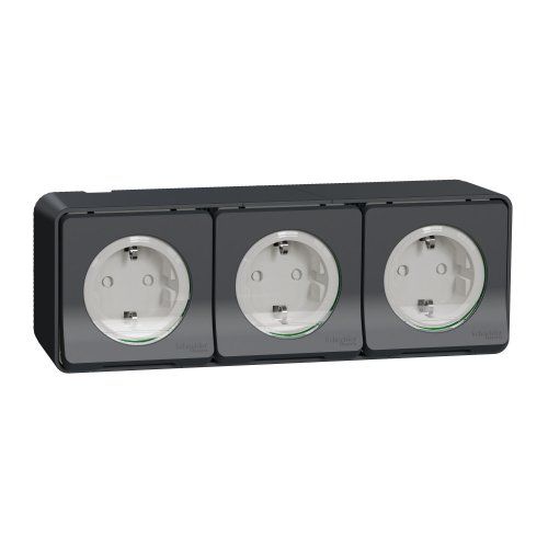 Блок с 3-х розеток и шторками IP55, черный наружный монтаж Mureva Styl Schneider Electric MUR36038