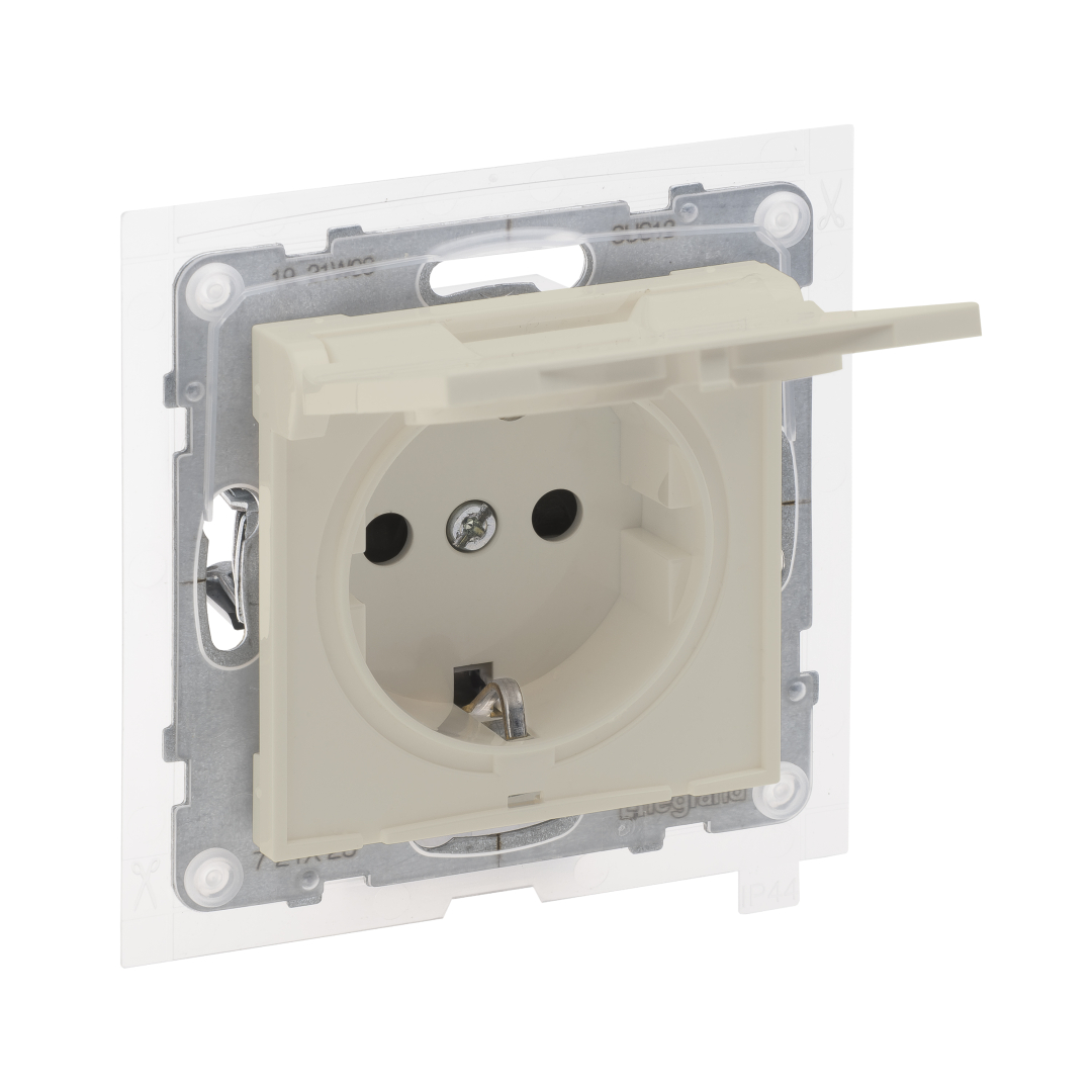 Розетка IP44 із з/к та кришкою і захист. шторками (пруж.клеми) 16А/250V Legrand SUNO 721223 слонова  купити