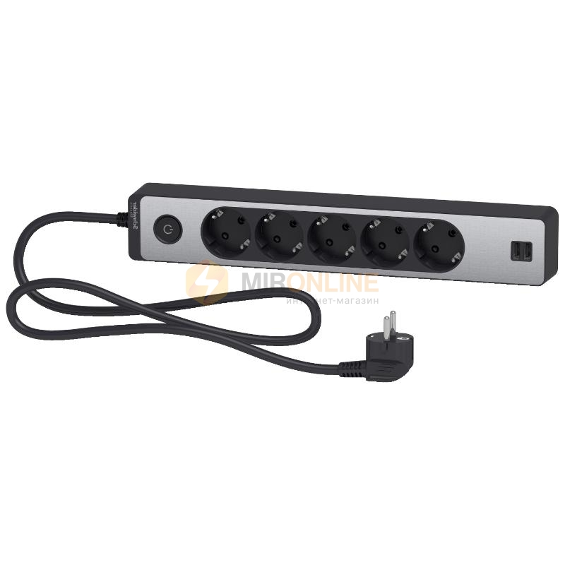 Подовжувач пятимісний з 2 USB Unica Extend з заземленням та шнуром 1,5м. Чорний/Алюміній (ST945U1BA) купити