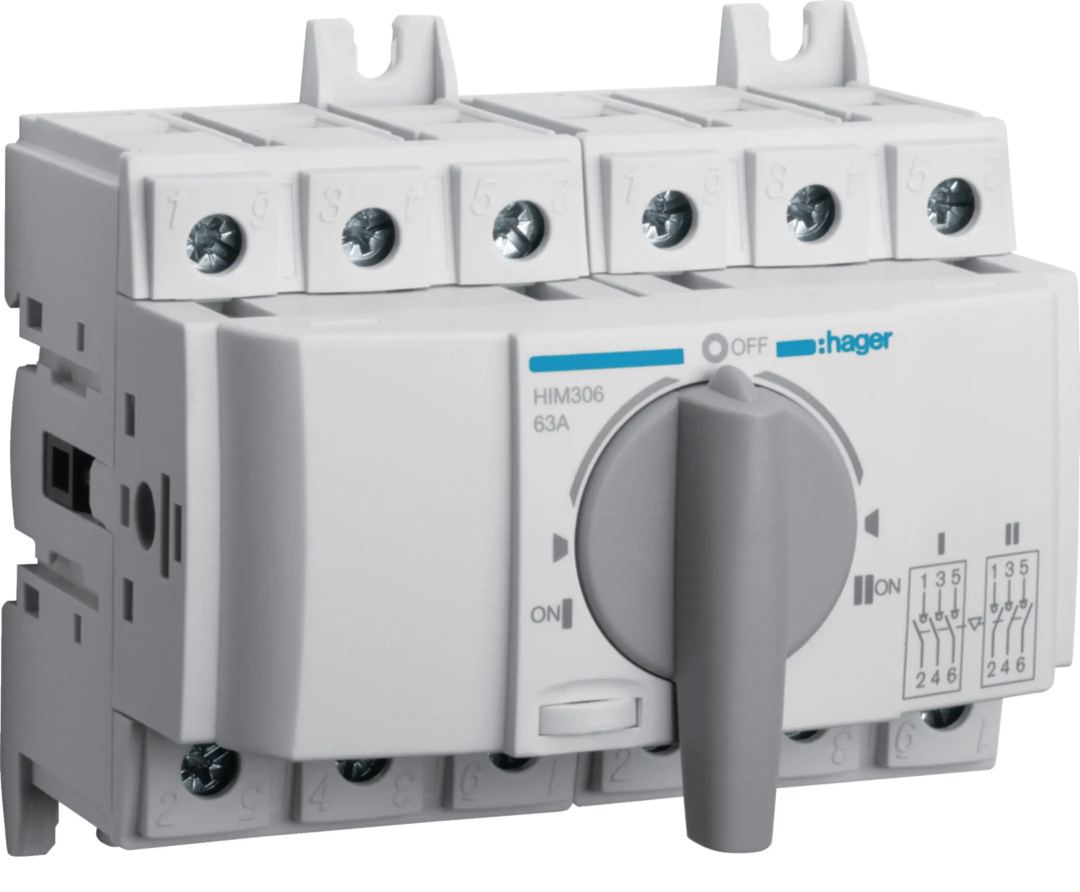 Перемикач модульний трьохпозиційний I-0-II до 35мм2, 3п 63А, Hager (HIM306) купити