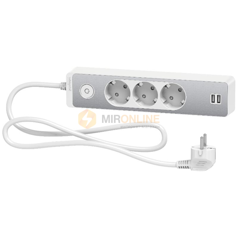 Подовжувач тримісній з 2 USB Unica Extend з заземленням та шнуром 3м. Білий/Алюміній (ST943U1WA) купити