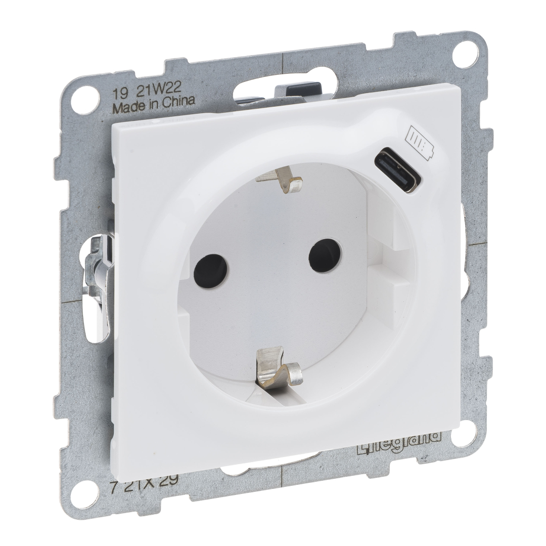 Розетка із з/к та захист. шторками + USB С 1,5А/250V Legrand SUNO 721129 білий купити