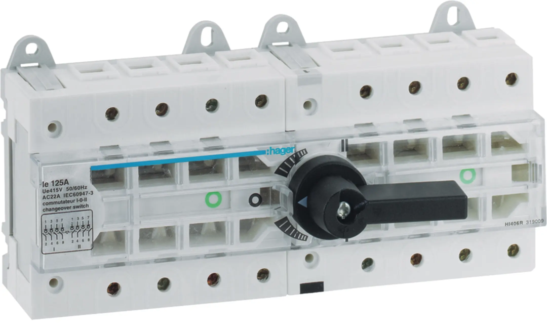 Перемикач модульний трьохпозиційний I-0-II до 50мм2, 4п 125А, Hager (HI406R) купити