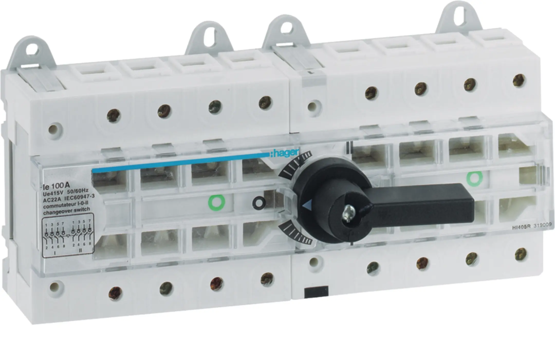 Перемикач трьохпозиційний I-0-II, 100А, 400/690В, 4-полюсний, 12м, Hager (HI405R) купити