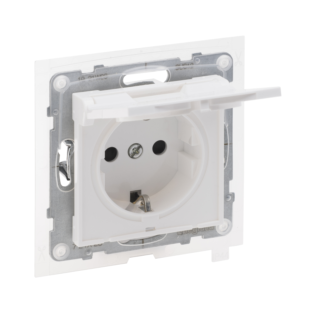 Розетка IP44 із з/к та кришкою і захист. шторками (пруж.клеми) 16А/250V Legrand SUNO 721123 білий купити