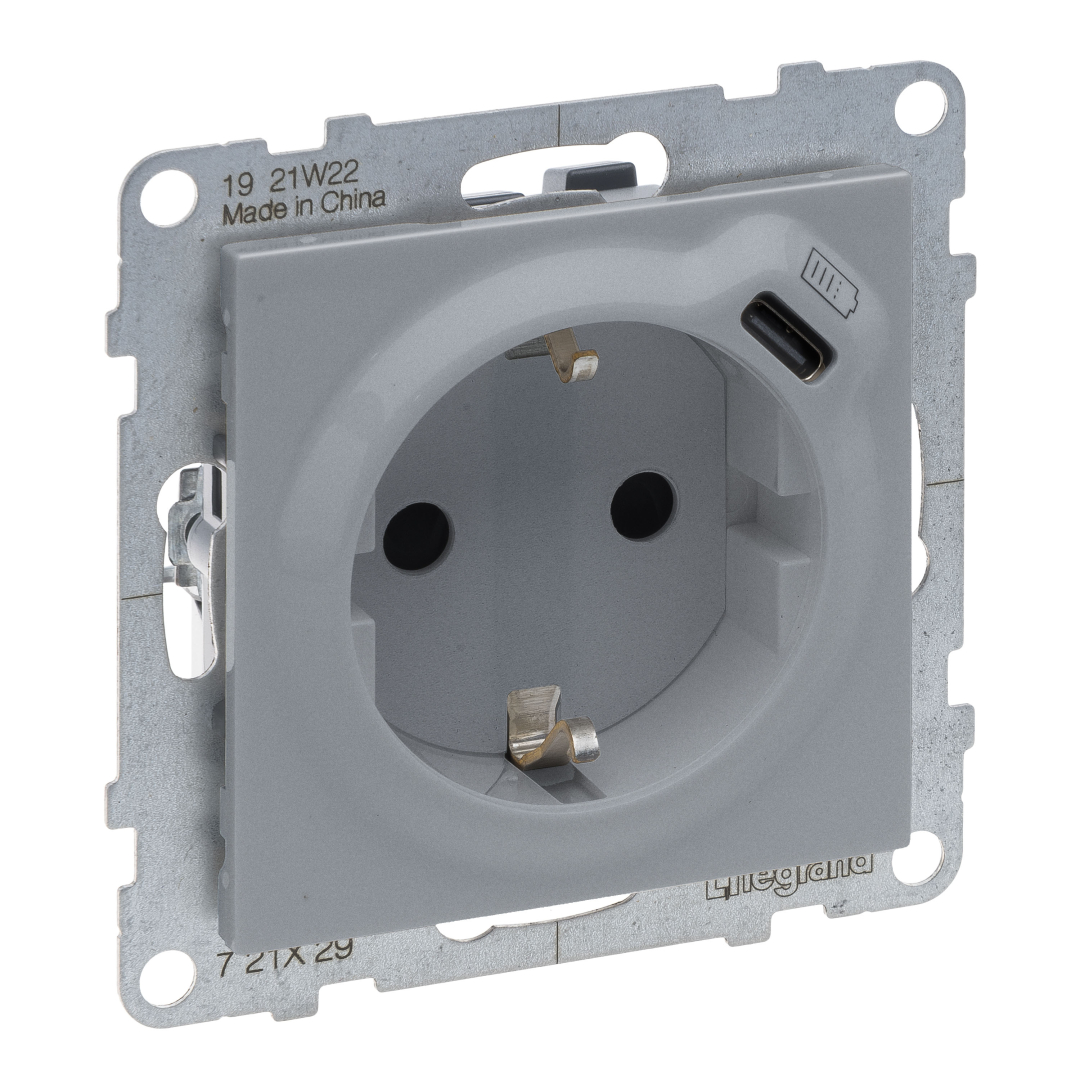 Розетка із з/к та захист. шторками + USB С 1,5А/5V Legrand SUNO 721329 алюміній купити
