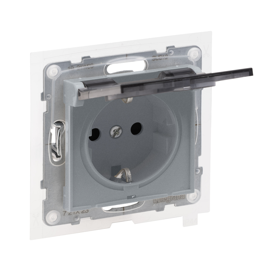Розетка IP44 із з/к та кришкою і захист. шторками (пруж.клеми) 16А/250V Legrand SUNO 721323 алюміній купити