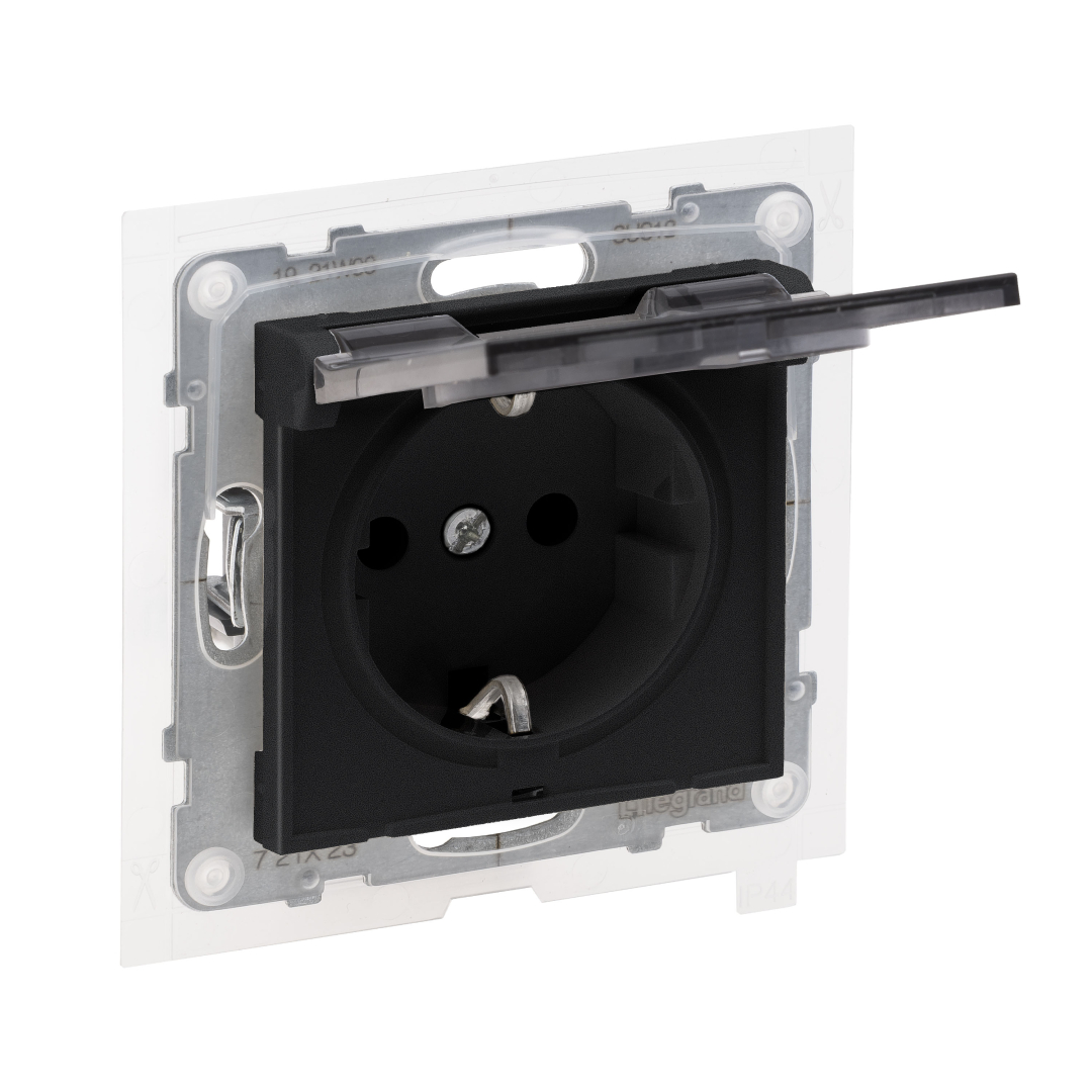 Розетка IP44 із з/к та кришкою і захист. шторками (пруж.клеми) 16А/250V Legrand SUNO 721423 чорний купити