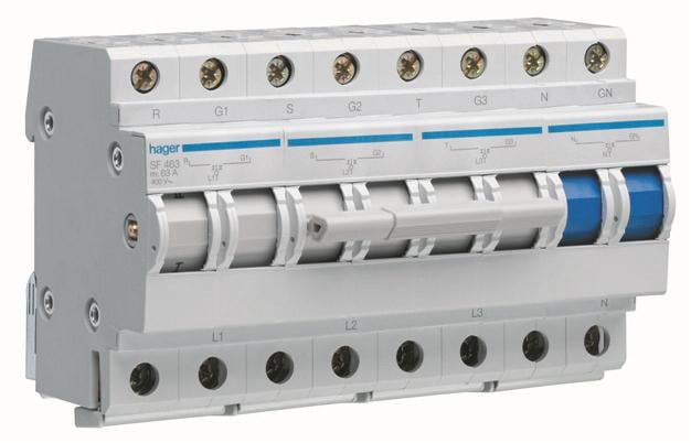 Перемикач вводу резерва Hager I-0-II із загальним виходом зверху 400В/63A 3+N 8м SF463 купити